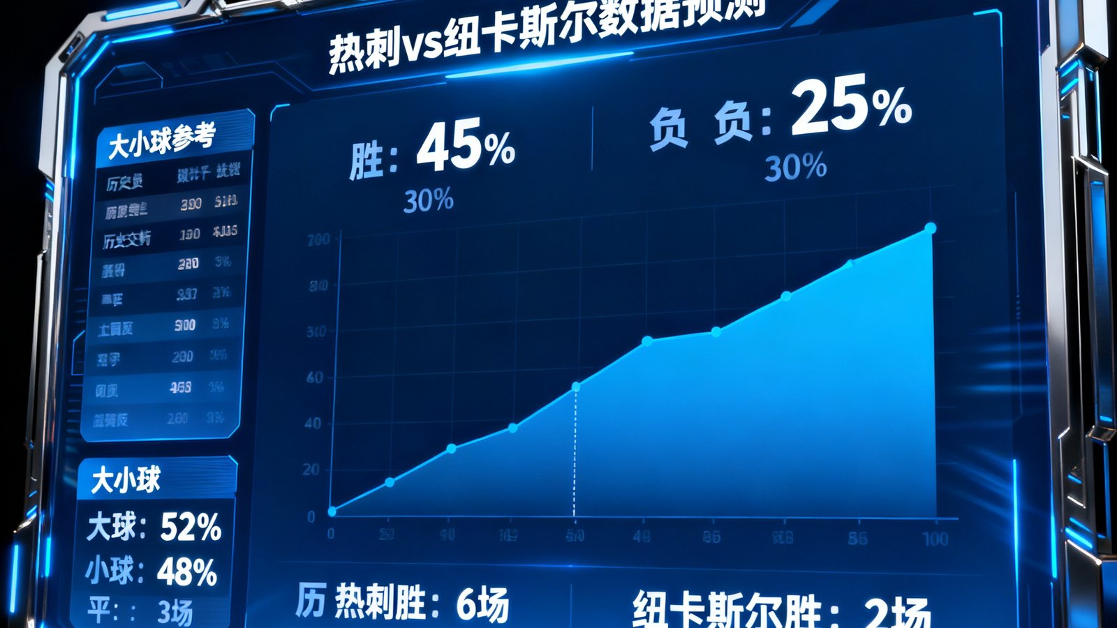 AI数据预测面板以可视化图表展示热刺对阵纽卡斯尔的胜平负概率分布，左侧显示大小球参考数据和历史交锋统计，界面设计科技感十足。